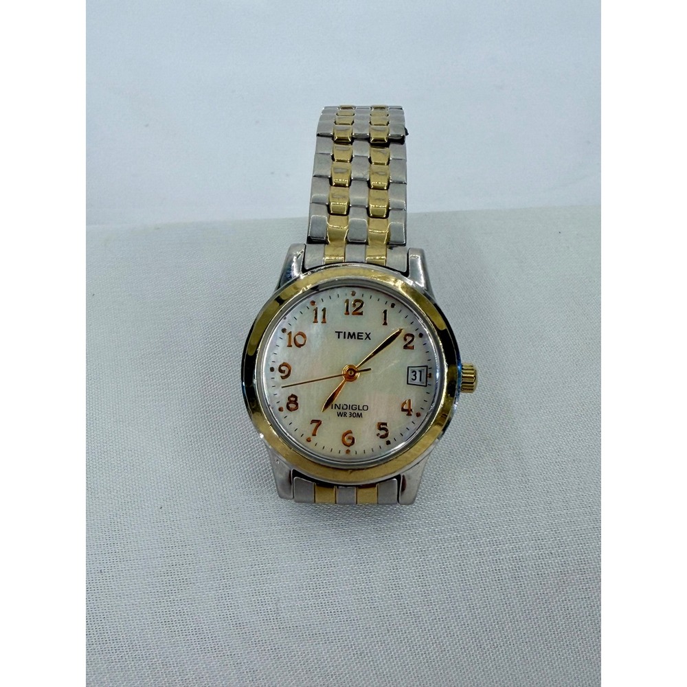 Timex Indiglo Two Tone Mother of Pearl Dial Date Watch WR 30M U4